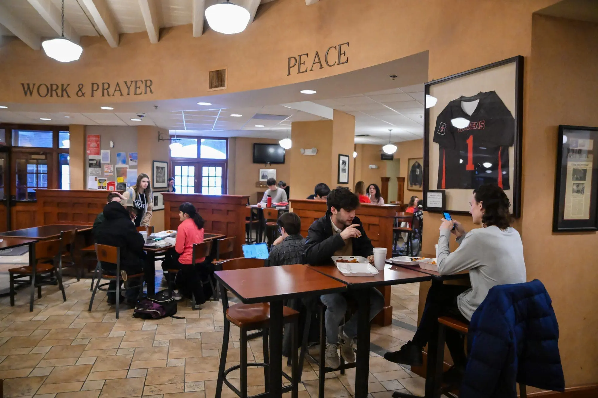 Students eating at tables